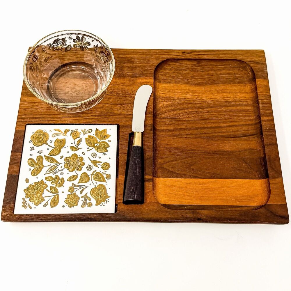 Vintage Culver MCM Gold Floral Cheese Board Glass Bowl Spreader Serving Set